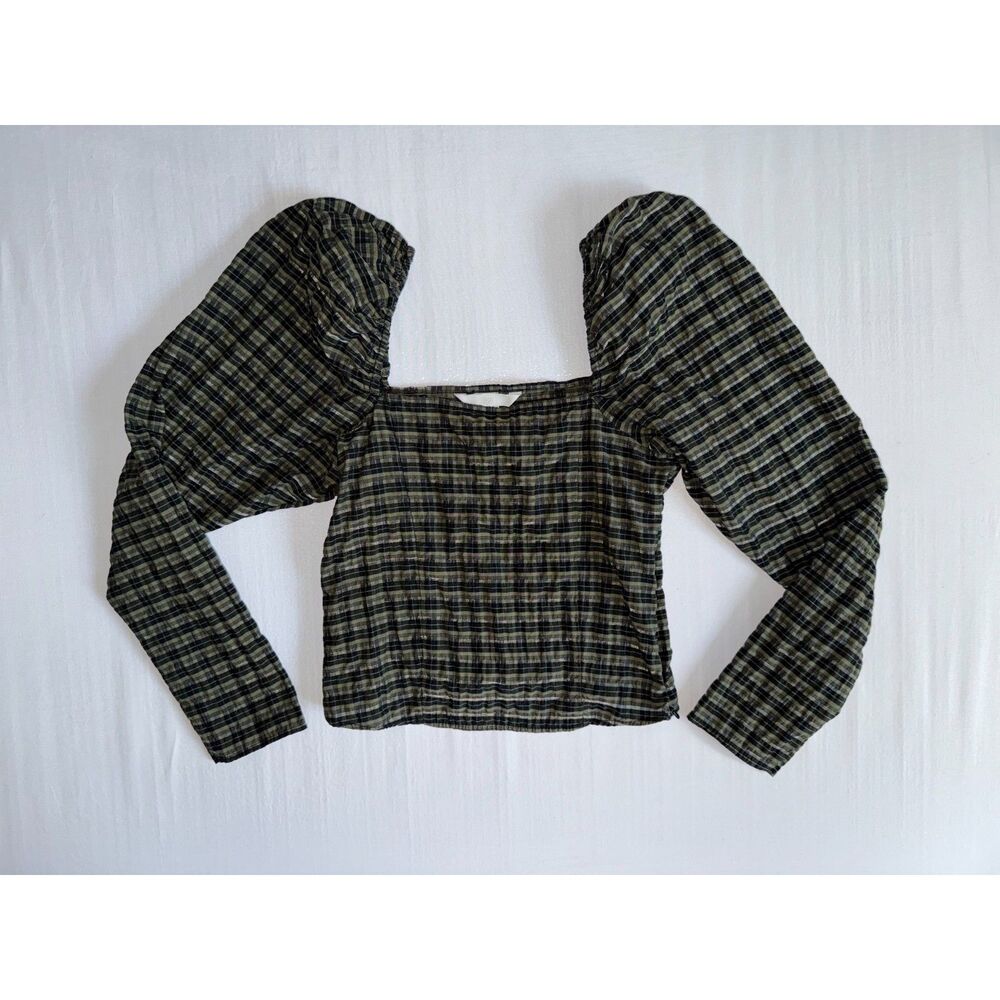 H&M Plaid Puff Sleeve Square Neck Top | Size Extra-Small